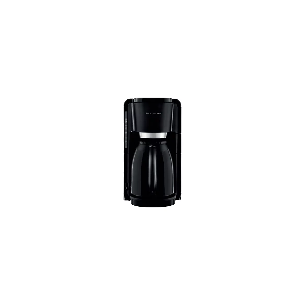 Schwarze Rowenta Filterkaffeemaschine mit Thermokanne vor weißem Hintergrund.