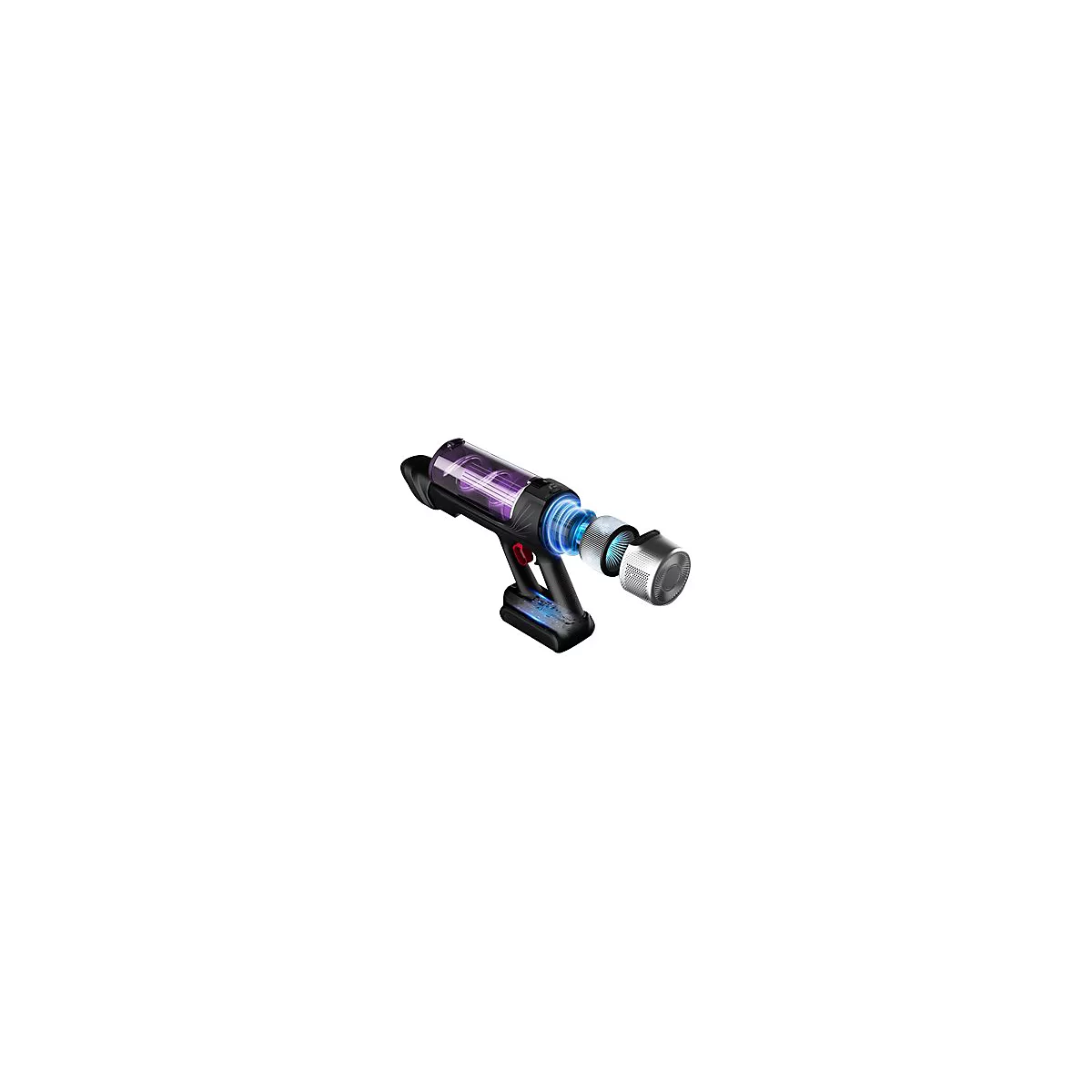Zerlegte Ansicht eines Akkustaubsaugers, die Filter und Motor in blauem Licht hervorgehoben zeigt.