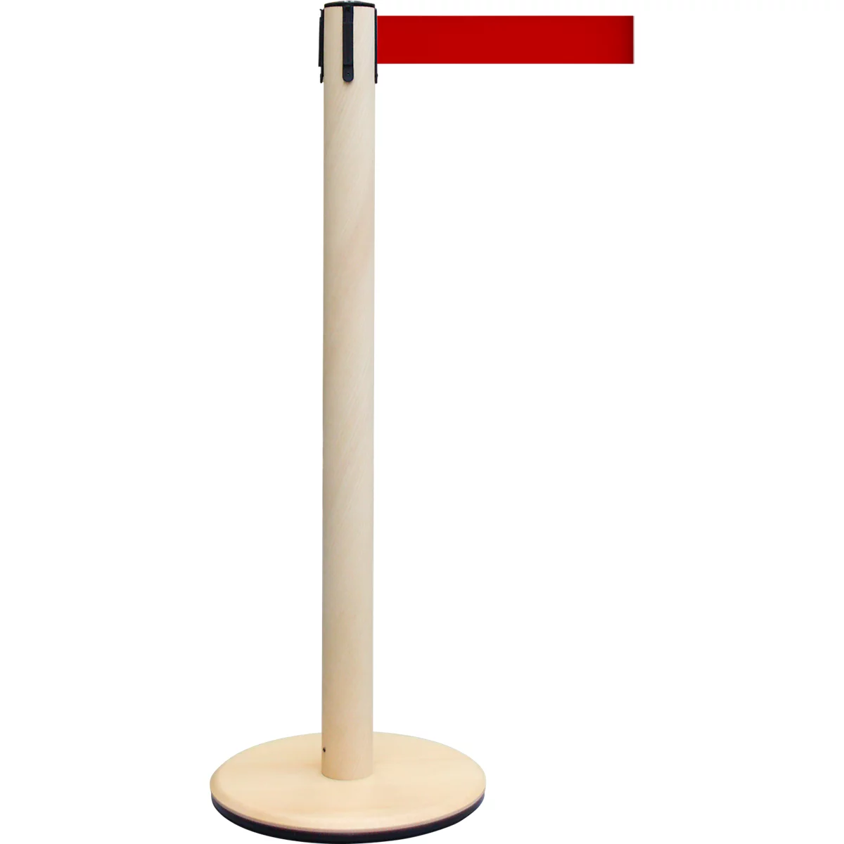 Ein helles Absperrband. Der Pfosten aus hellem Holz ist mit einem roten Band versehen.
