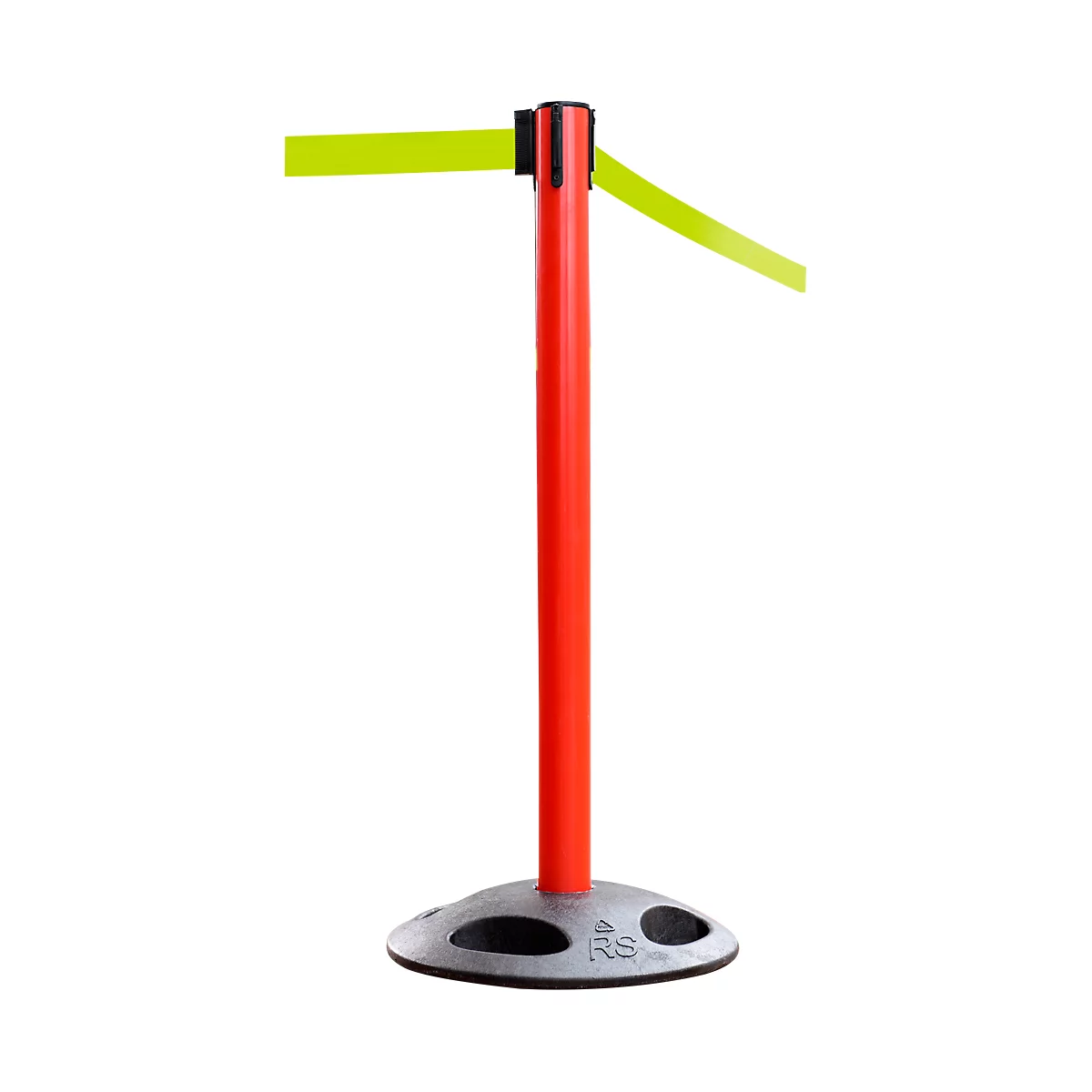 A red barrier post with yellow tape. The round base is silver, the pole red.