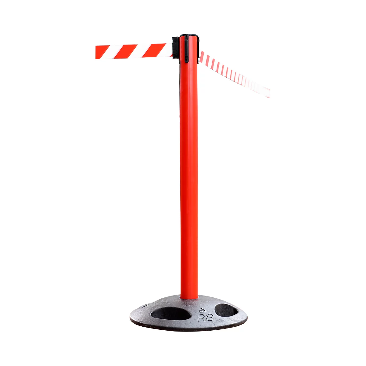 Red barrier post with a white and red striped barrier tape, on a grey base.