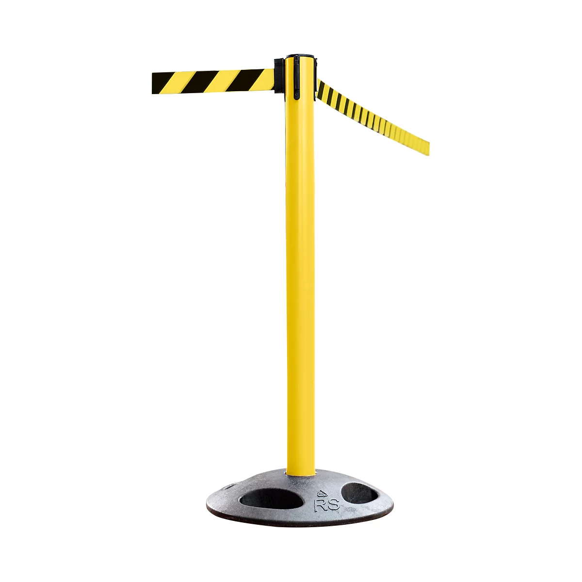Yellow stanchion with black and yellow band on a gray base. For access control and security.
