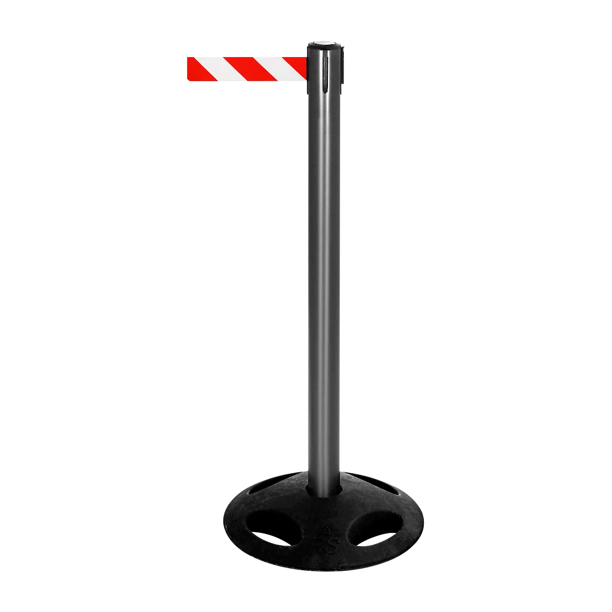 Grey barrier post with red and white tape. Black base.