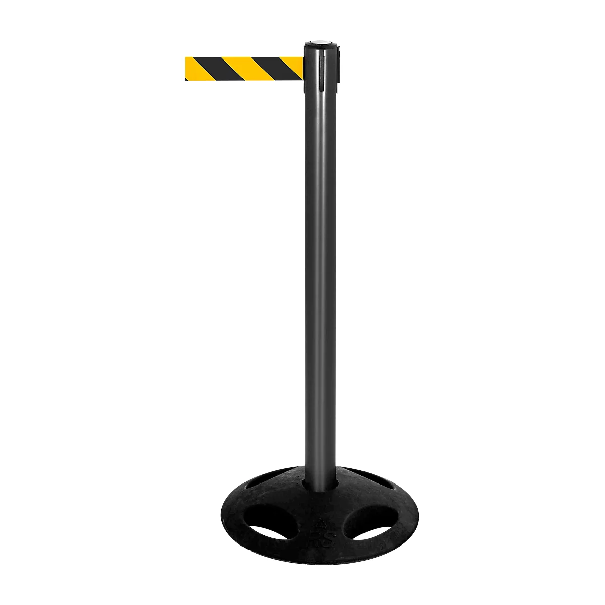 Black barrier post with yellow and black striped tape. On a round foot, tape extended.