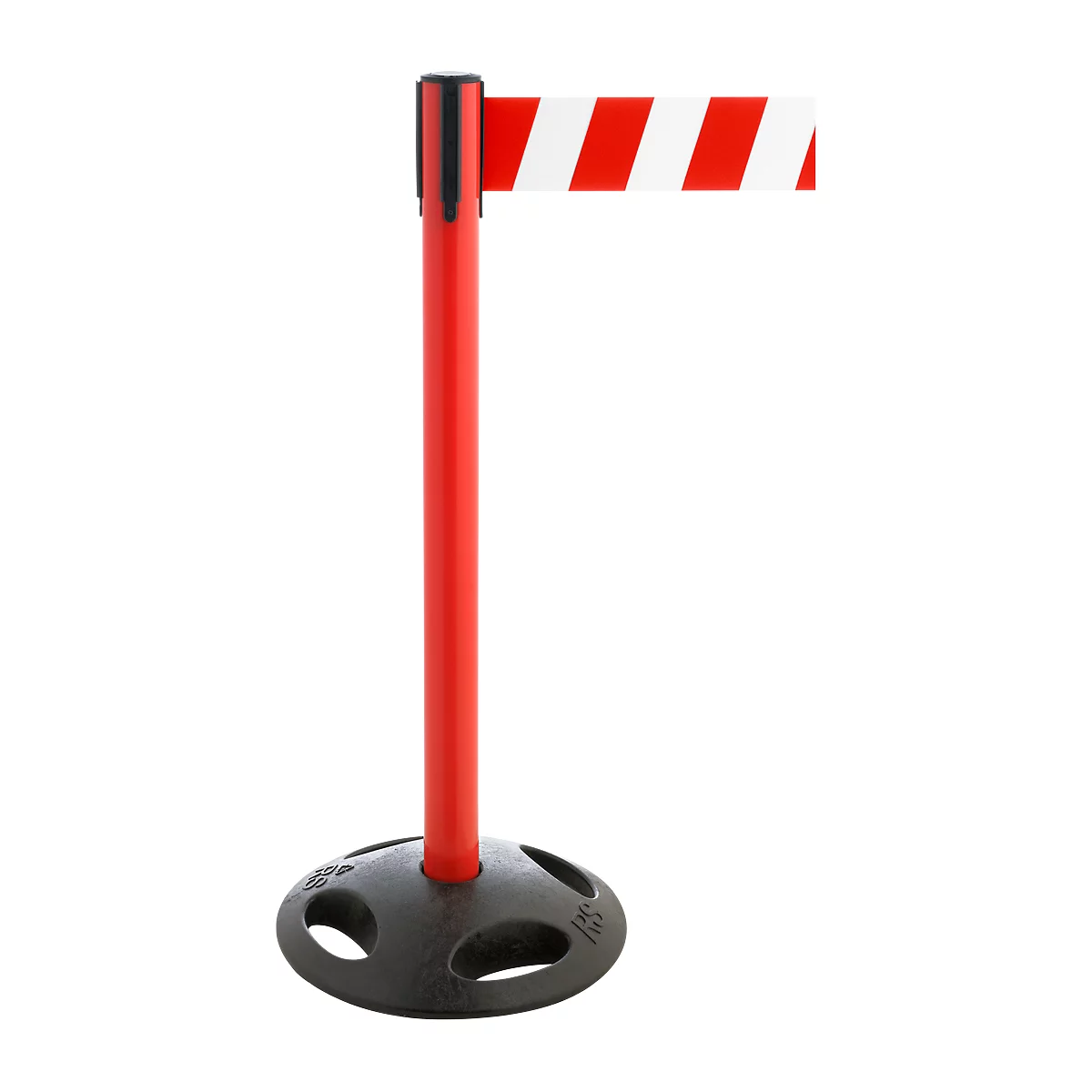 Red barrier post with red and white striped belt. Black base.