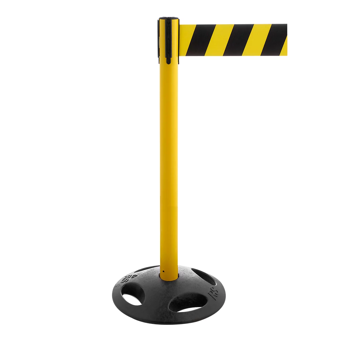 Yellow and black striped retractable belt barrier post. Black base. Belt with yellow and black stripes.