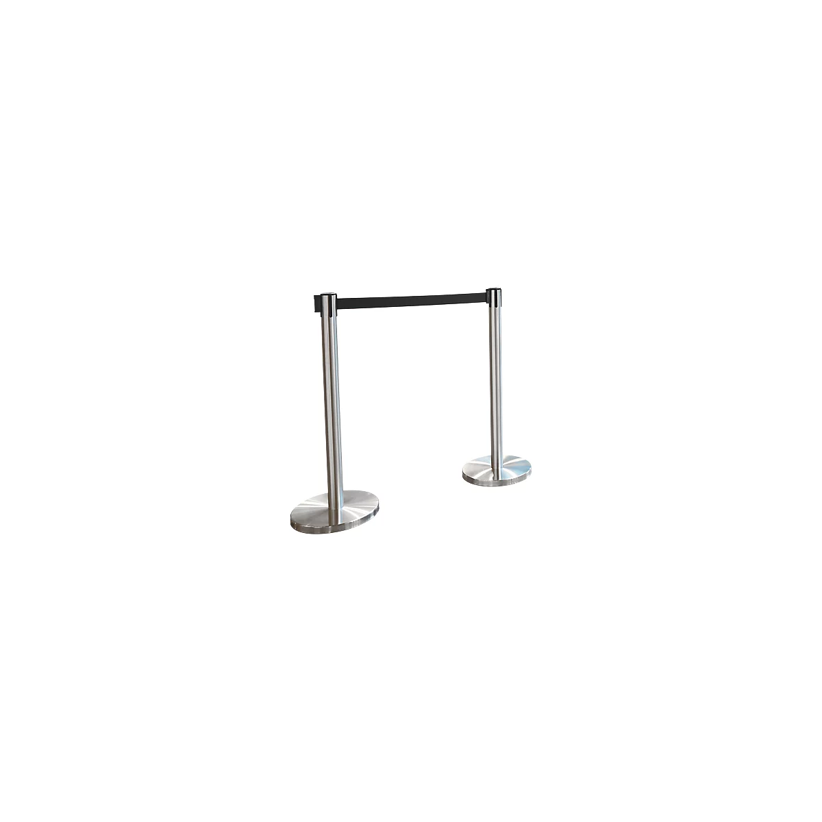 Two silver stanchions with a black belt, to delineate a queue.