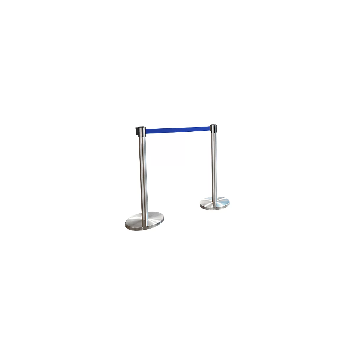 Two silver stanchions with a blue barrier tape. On a bright background.