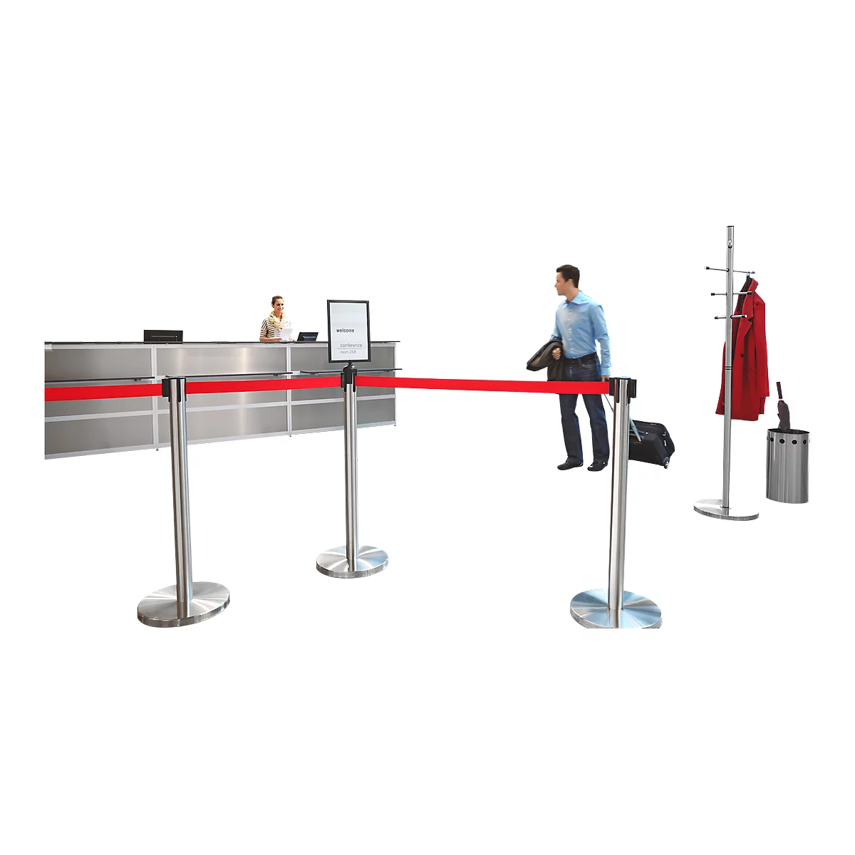 A man stands behind a red barrier. A woman stands at the counter. To the left, a coat rack with a red coat.