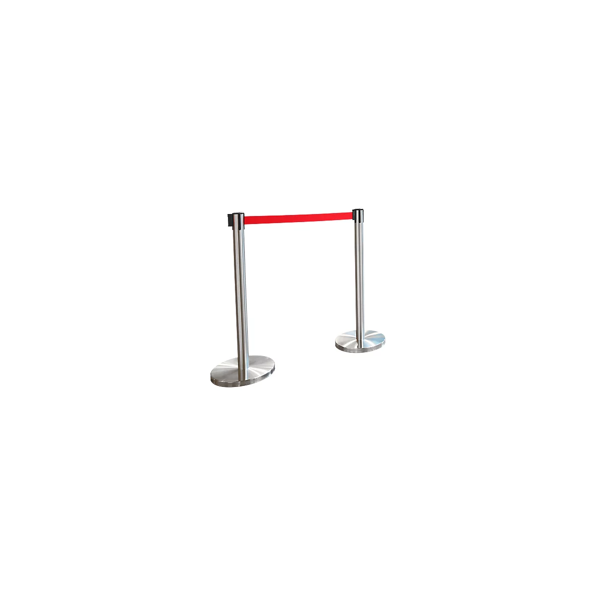 Two silver stanchions with a red retractable belt connecting them.