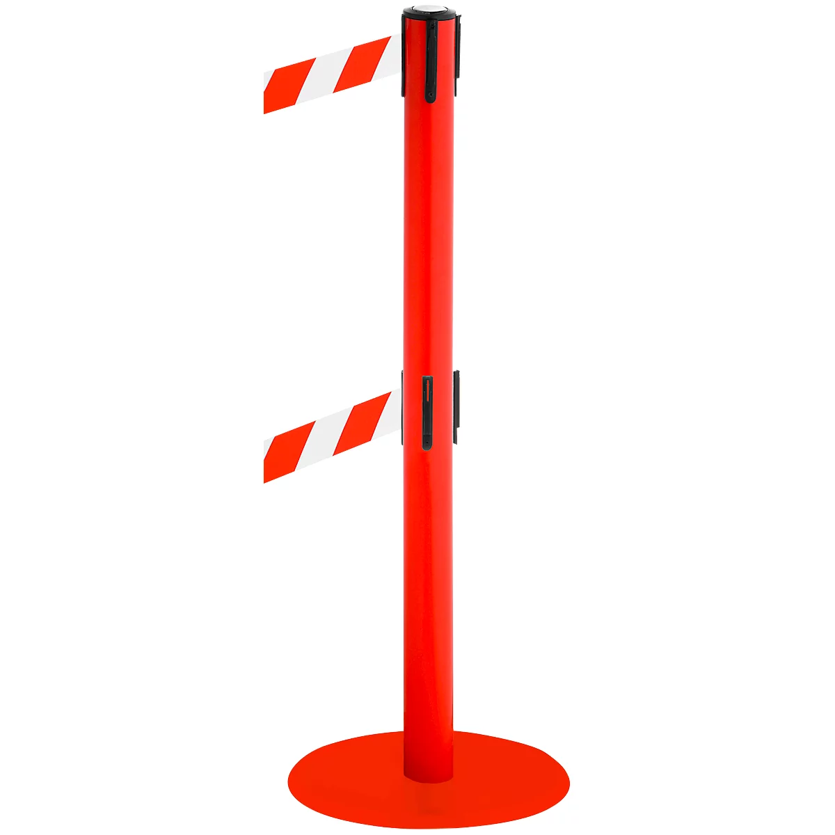 Red stanchion with red and white barrier tape. The stanchion has a round base.