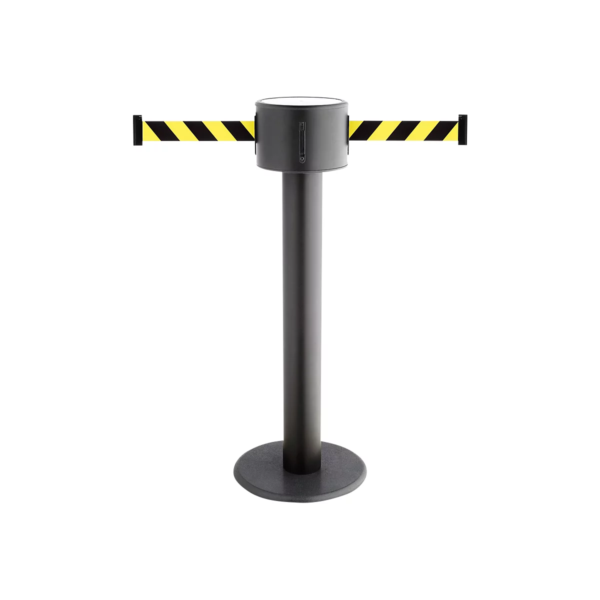 A retractable belt stanchion with yellow and black striped bands. On a black base with a dark post and top housing.