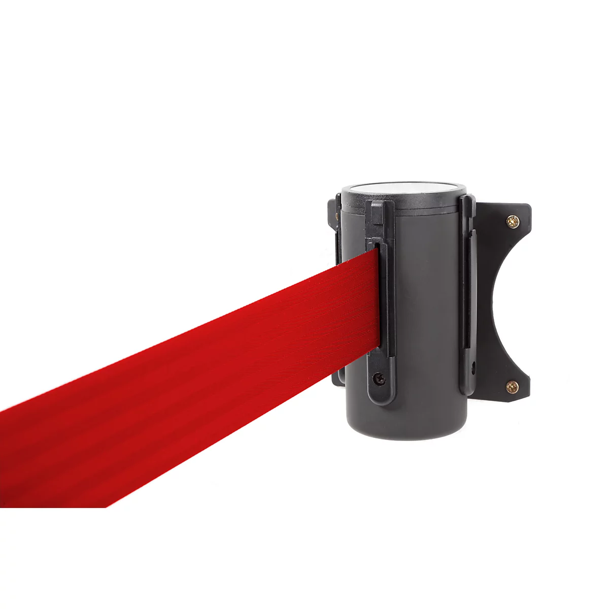 Wandmontiertes Absperrband-System mit rotem Gurt und schwarzem Halter vor weißem Hintergrund.