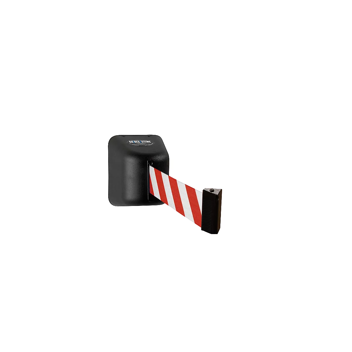Wandabsperrgerät mit rot-weißem Warnband und magnetischem Symbol.