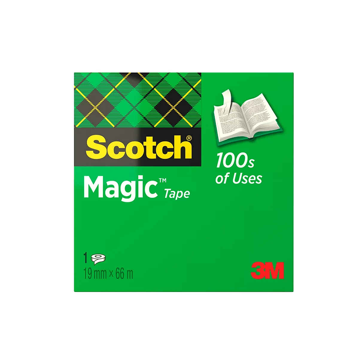 Emballage verte de Scotch Magic Tape. En haut à gauche, un motif tartan, en dessous, l'inscription “Scotch Magic Tape”. À droite, un livre ouvert et “100s of Uses”. En bas, “19 mm x 66 m”.
