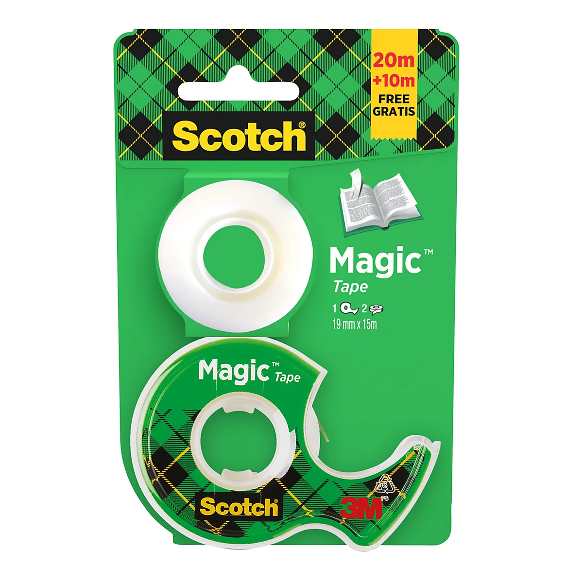 Emballage contenant deux rouleaux de ruban adhésif Scotch Magic et un dévidoir sur fond vert à carreaux.