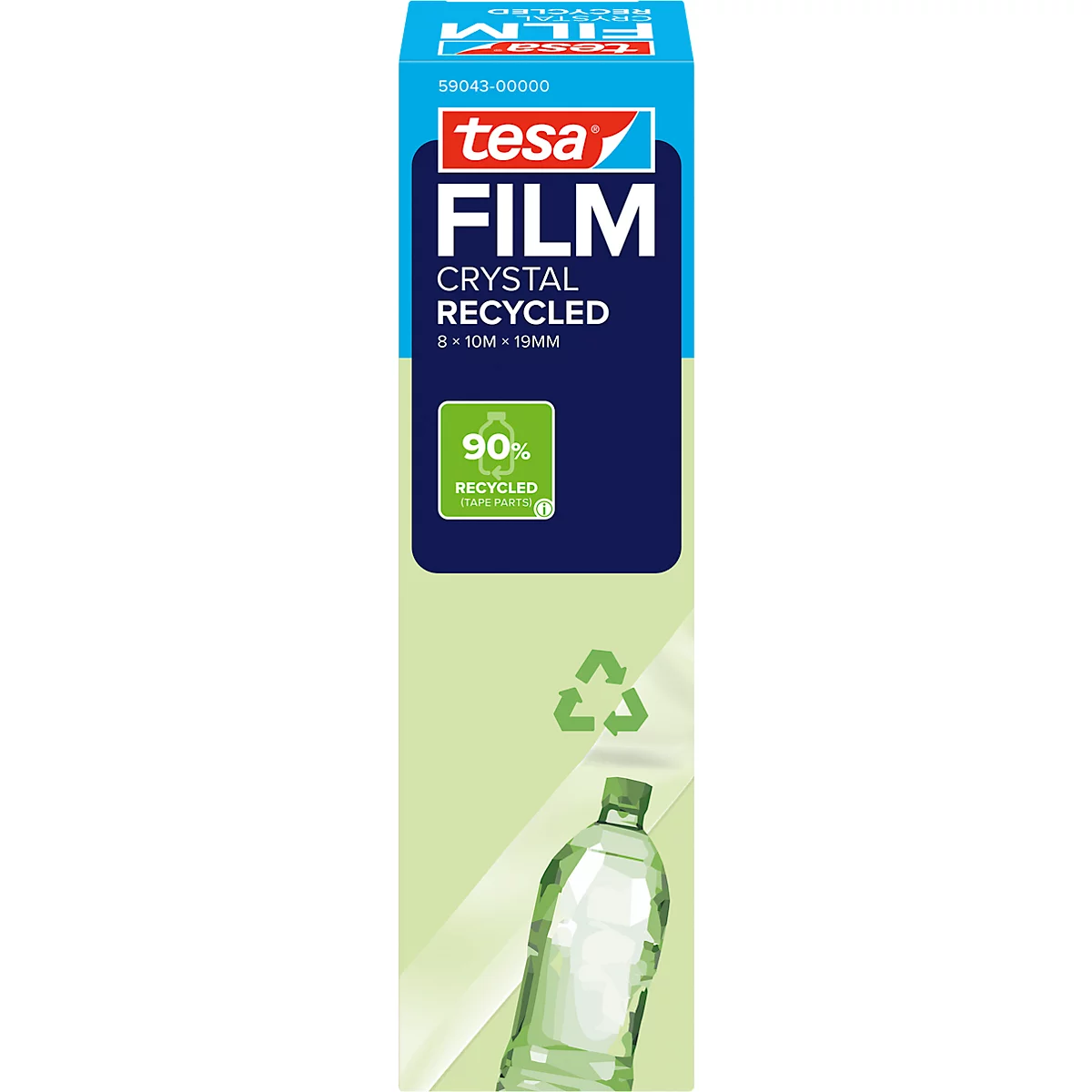 Emballage Tesafilm, bleu-blanc-vert, avec lettrage et informations de recyclage, comprenant une bouteille transparente.