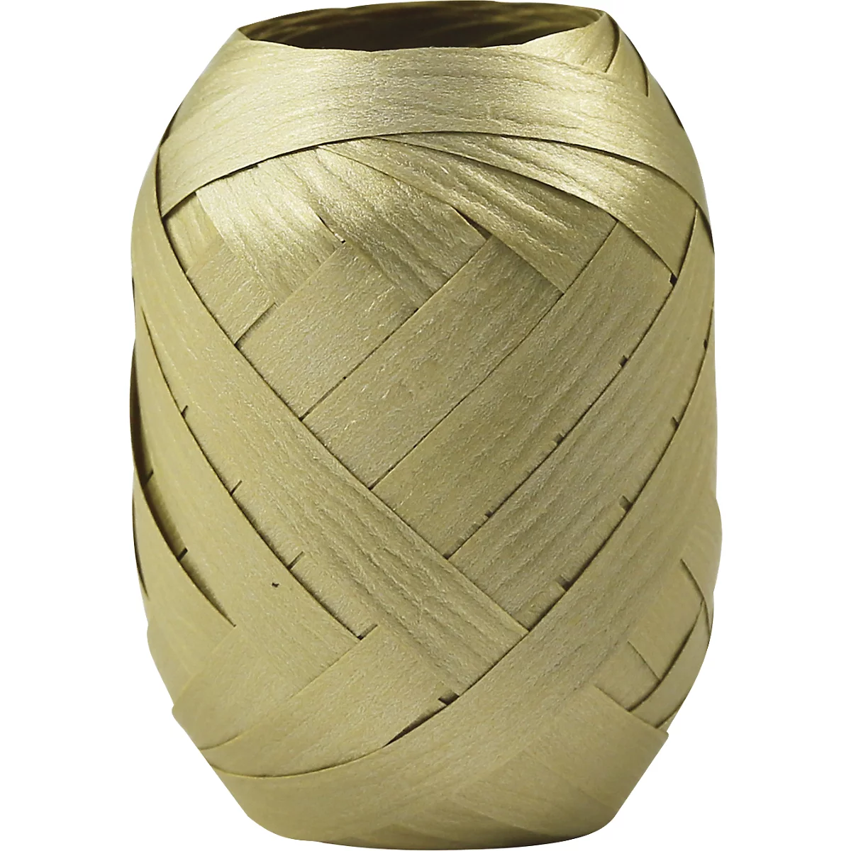 Décoration tressée jaune clair, probablement ruban cadeau, de forme cylindrique allongée.