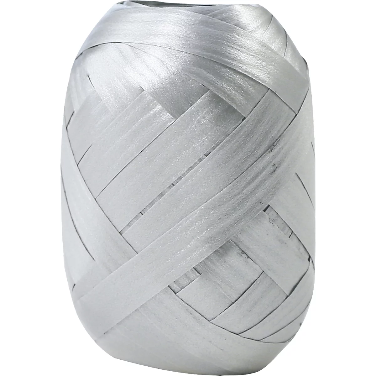 Un rouleau de ruban cadeau argenté de forme cylindrique avec un motif tissé.