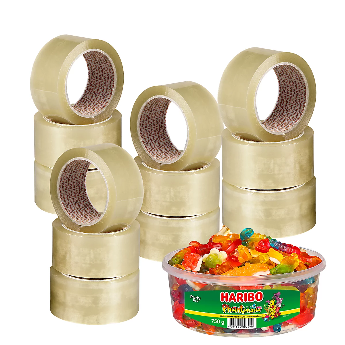Plusieurs rouleaux de ruban adhésif et un bol de bonbons gélifiés colorés. Le bol indique 'Haribo'.