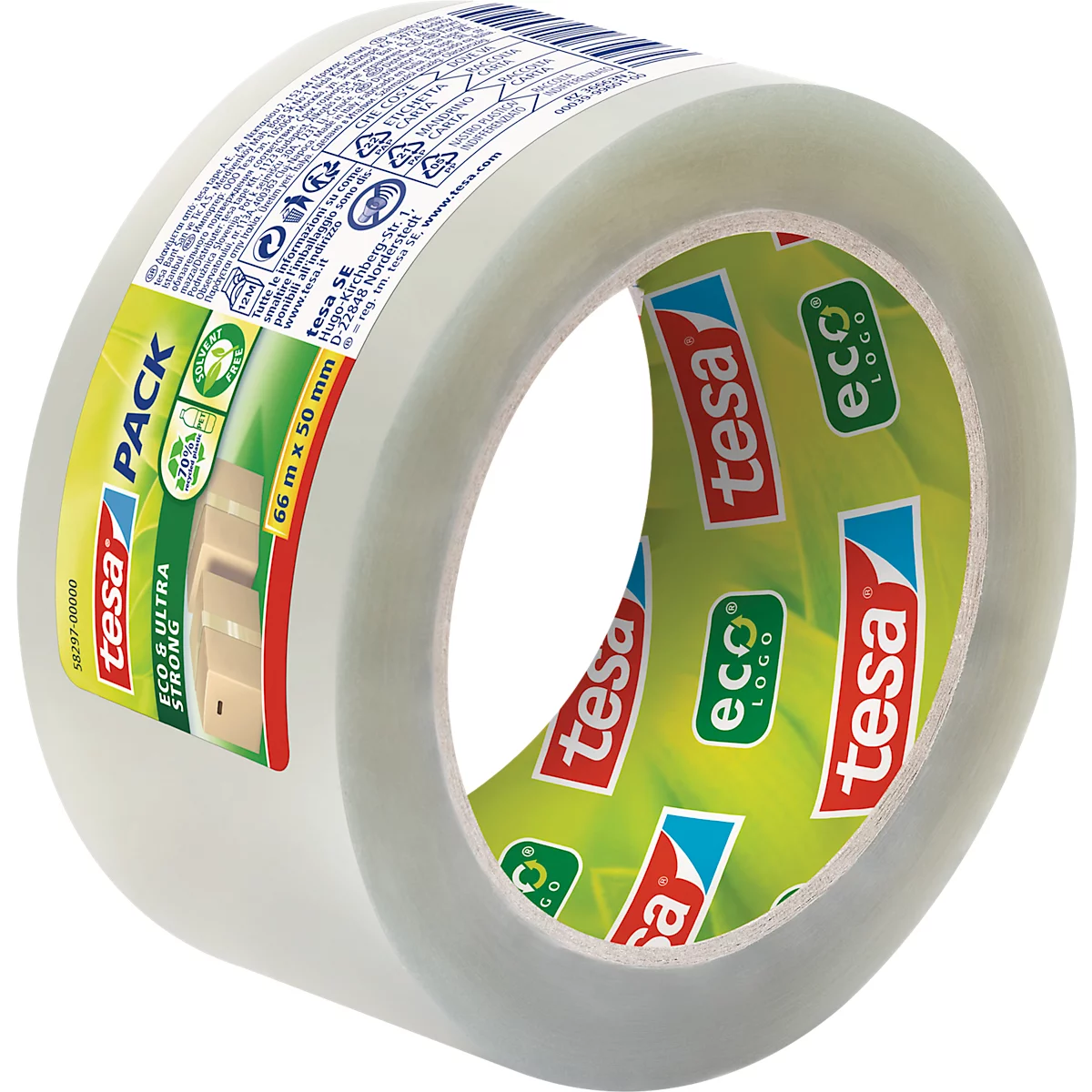 Ruban d'emballage tesapack® Eco &amp; Ultra Strong EcoLogo® 58297 , force d'adhérence extra-forte, pour paquets jusqu'à 30 kg, résistant à la déchirure, résistant aux UV, 90 % PCR-PET, transparent, L 66 m x l 50 mm