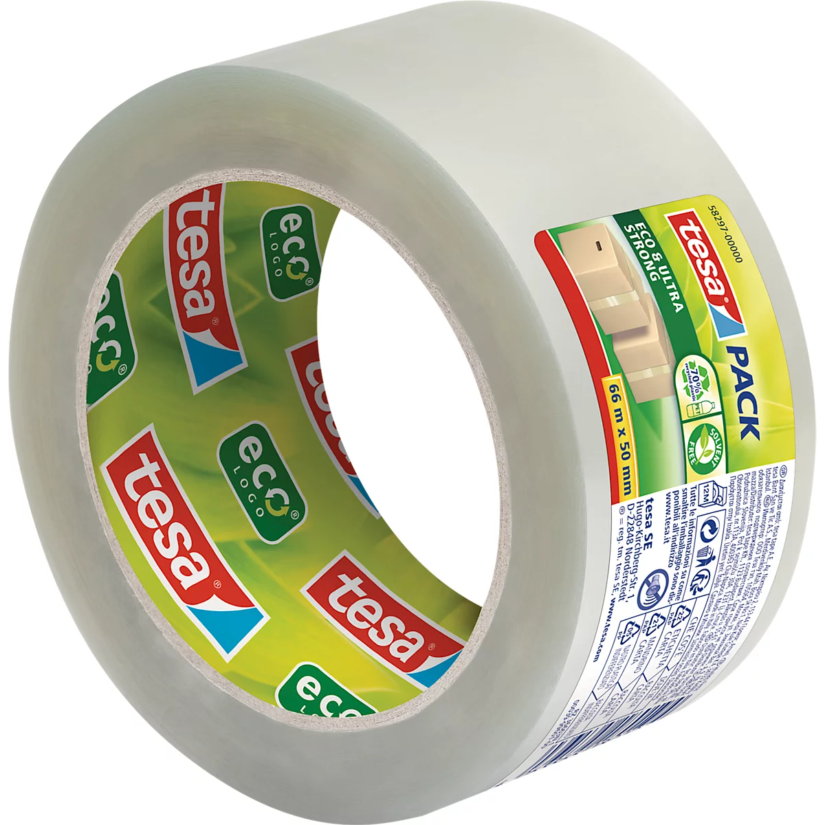 Ruban d'emballage tesapack® Eco &amp; Ultra Strong EcoLogo® 58297 , force d'adhérence extra-forte, pour paquets jusqu'à 30 kg, résistant à la déchirure, résistant aux UV, 90 % PCR-PET, transparent, L 66 m x l 50 mm