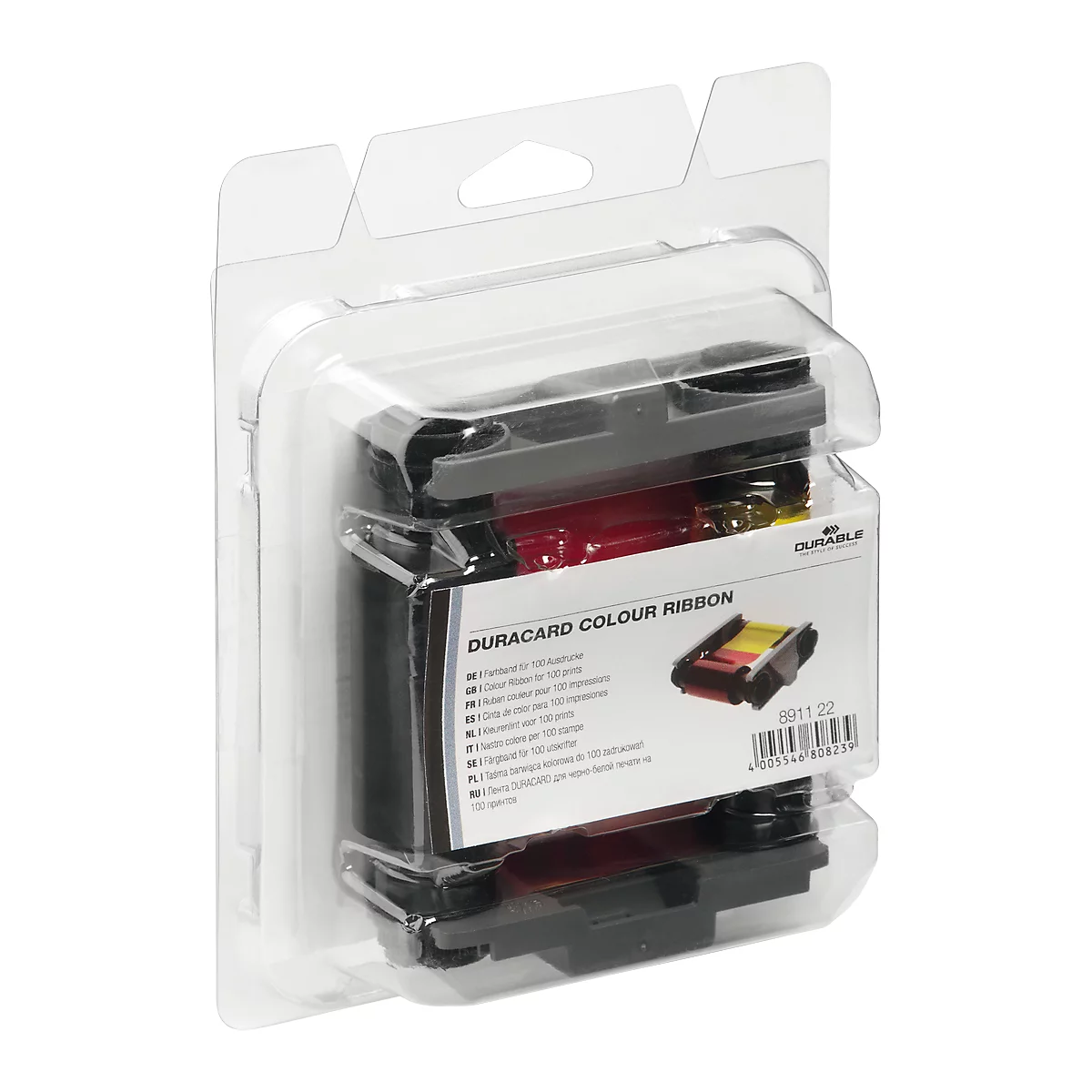 Une cartouche de ruban couleur DURACARD dans un blister transparent.