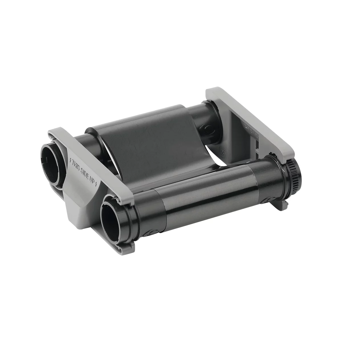 Une cartouche de ruban noire avec des supports gris. Les supports indiquent "THIS SIDE UP".
