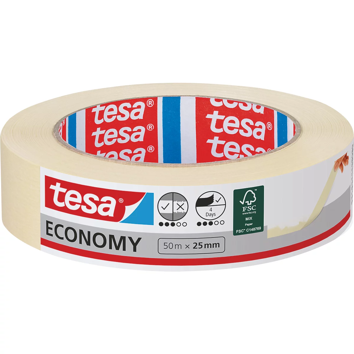 Rouleau de ruban adhésif tesa beige, avec inscription rouge "tesa". Inscription: Economy, 50m x 25mm.