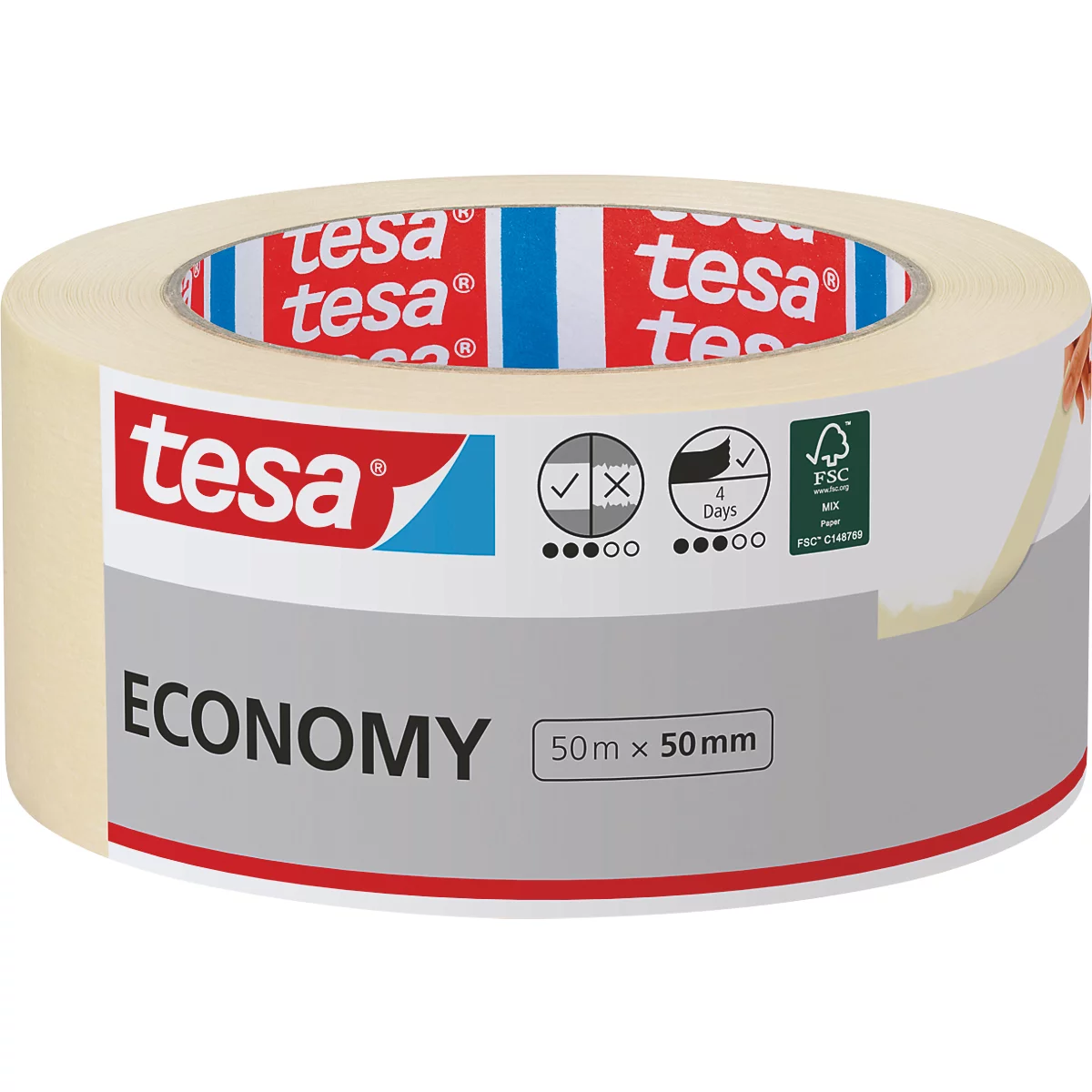 Rouleau de ruban adhésif tesa beige, logo rouge et blanc, impression "Economy", 50m x 50mm, symboles et label FSC.
