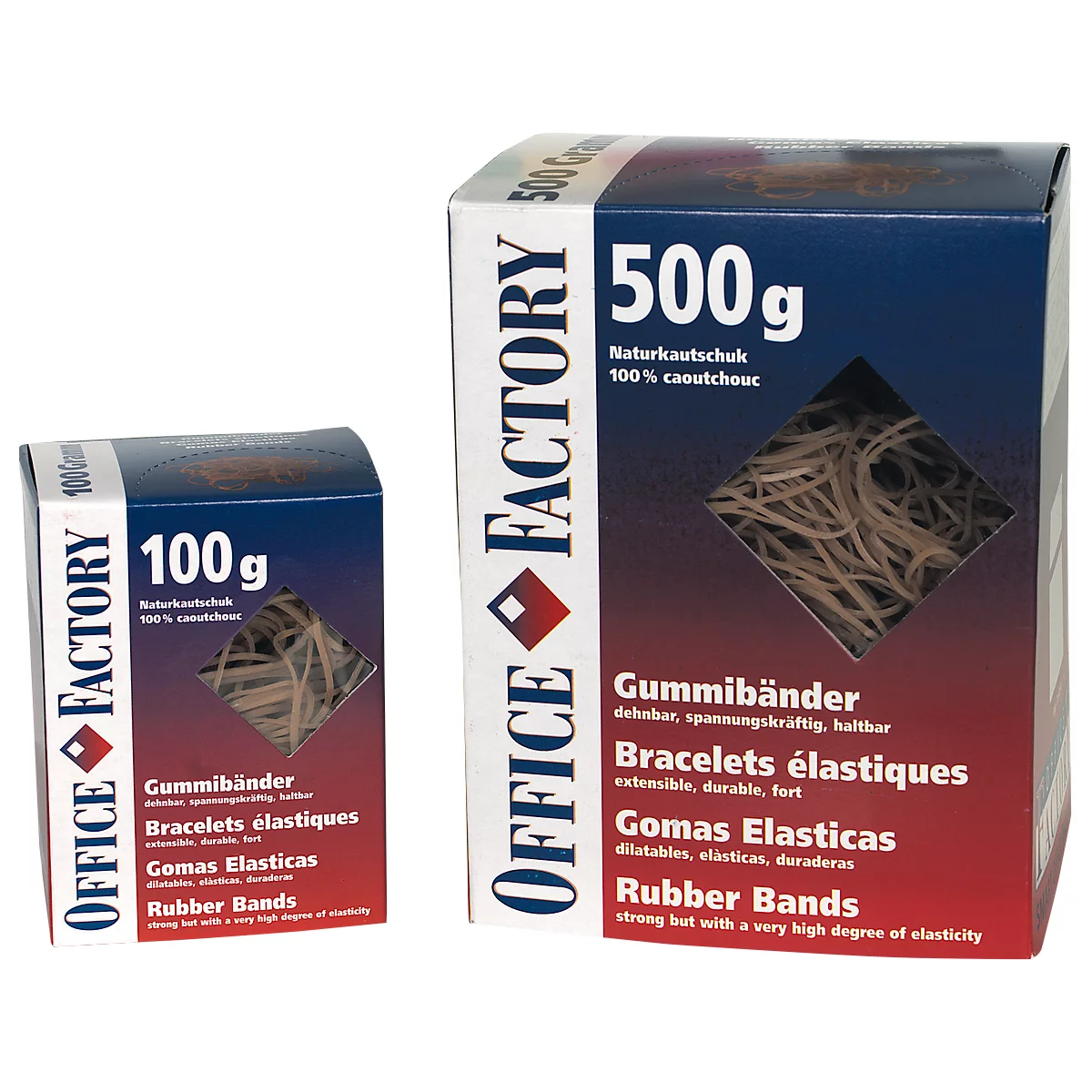 Two boxes of rubber bands, one with 100g, one with 500g, text in German, English, French and Spanish.