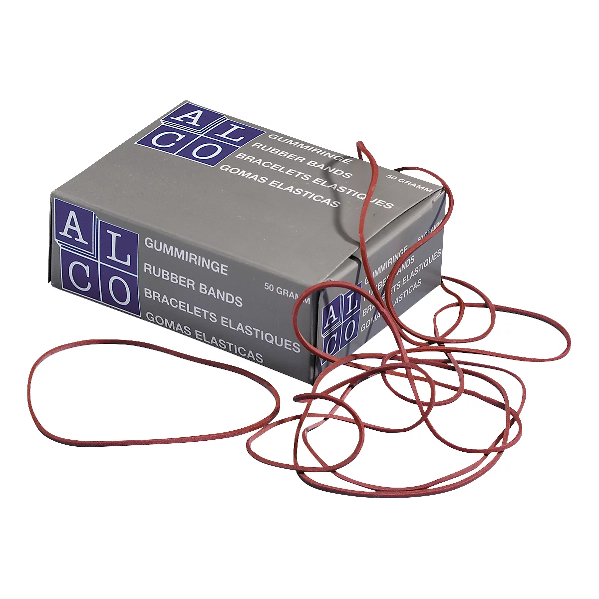 Gray box with red rubber bands next to it, inscription ALCO, rubber rings and other languages.