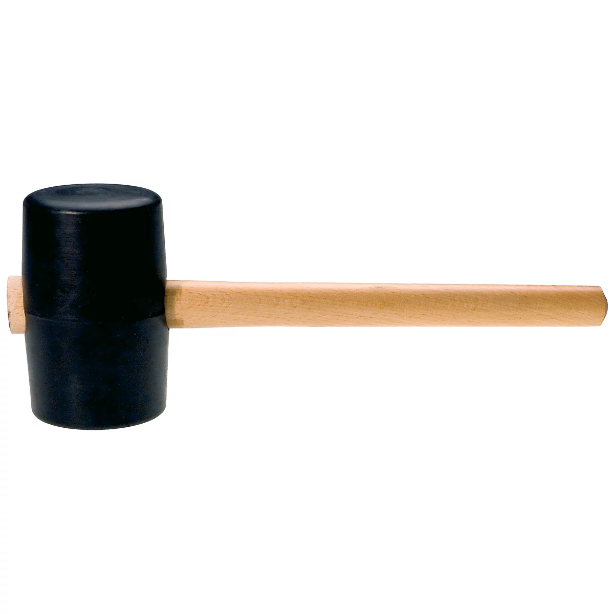 Black rubber mallet with wooden handle, lying diagonally against a white background.