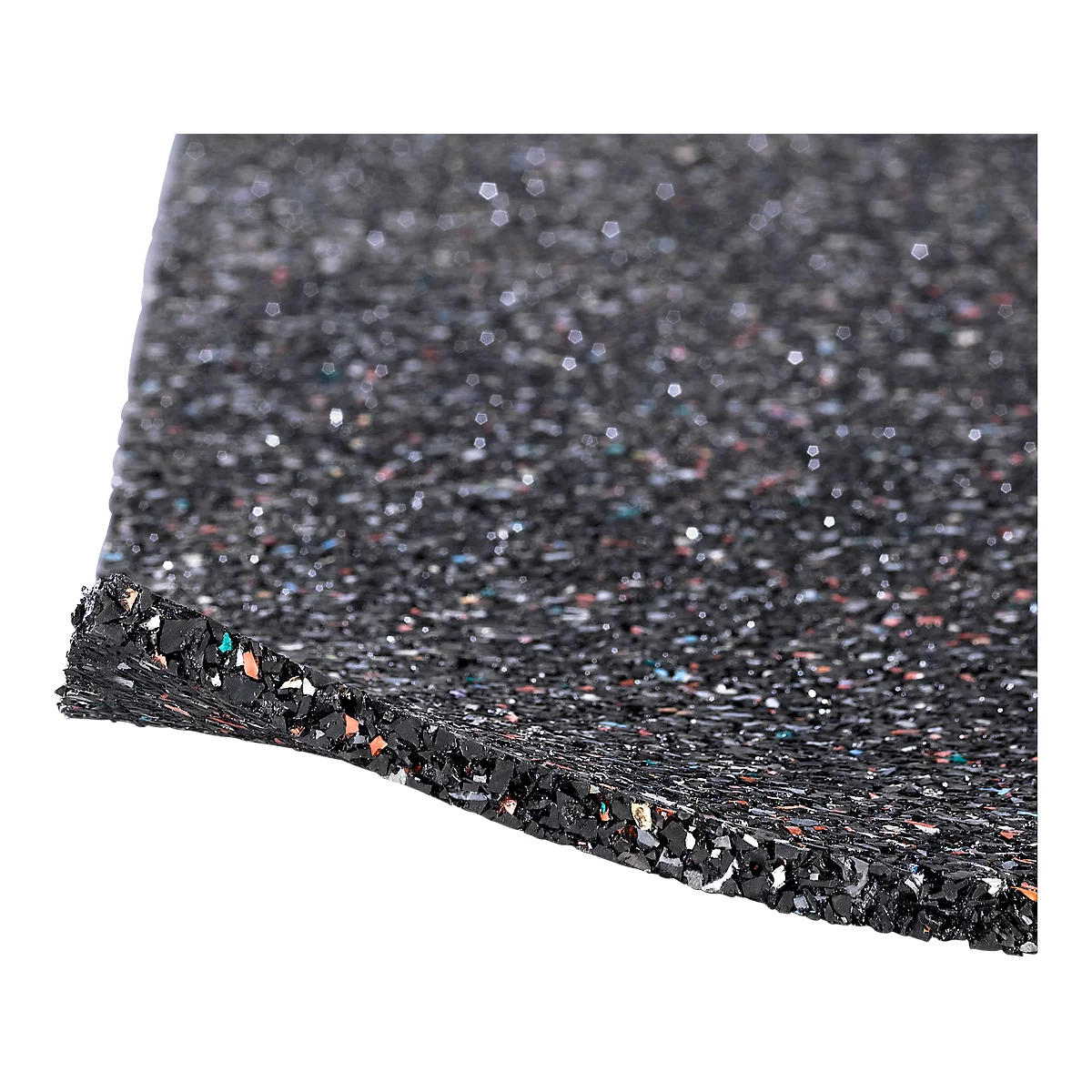 Detailed view of a black rubber flooring with colorful inclusions, bending up at the corner.