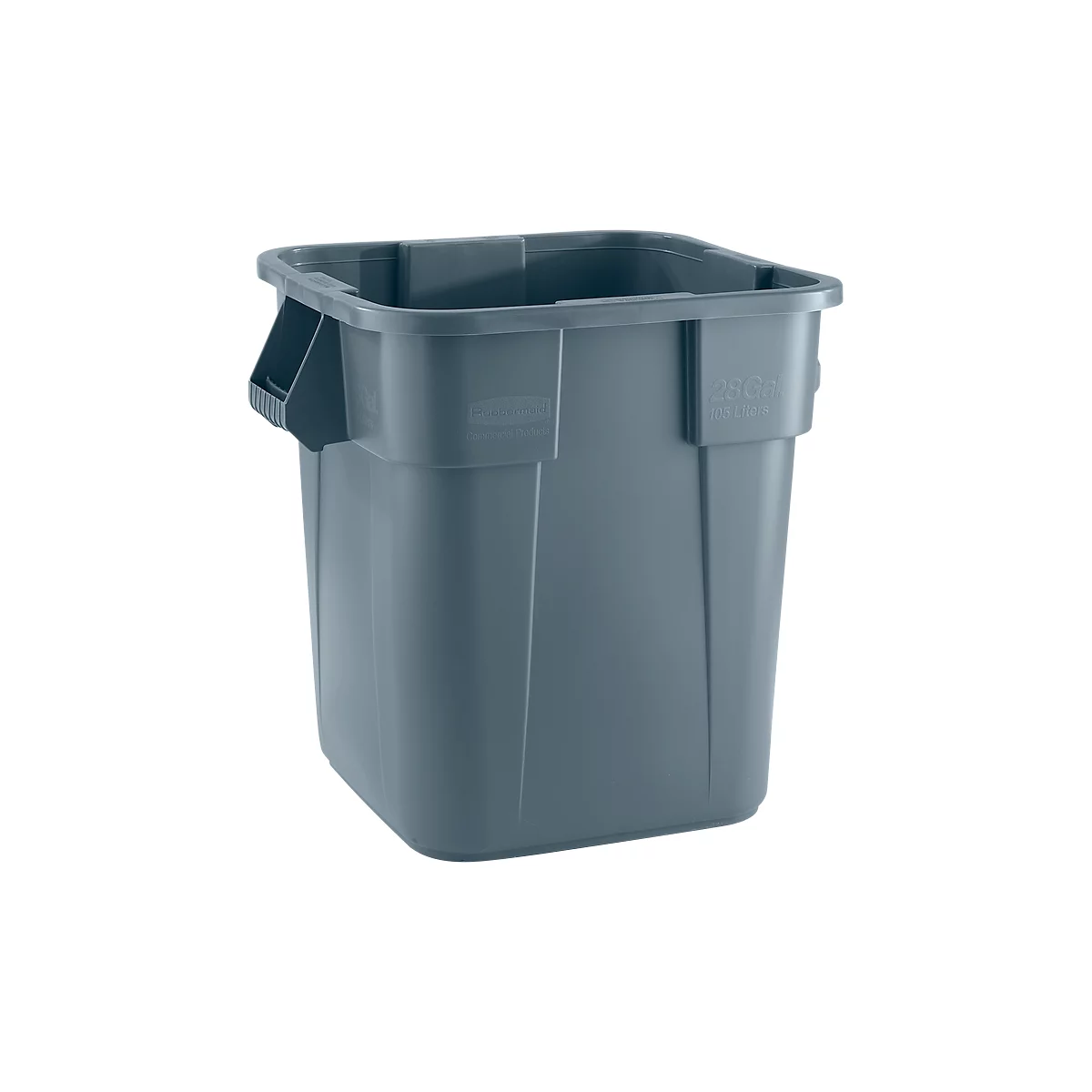 Graue, quadratische Mülltonne mit Griffen und Firmenlogo. Text: „Rubbermaid“ und „28 Gal“