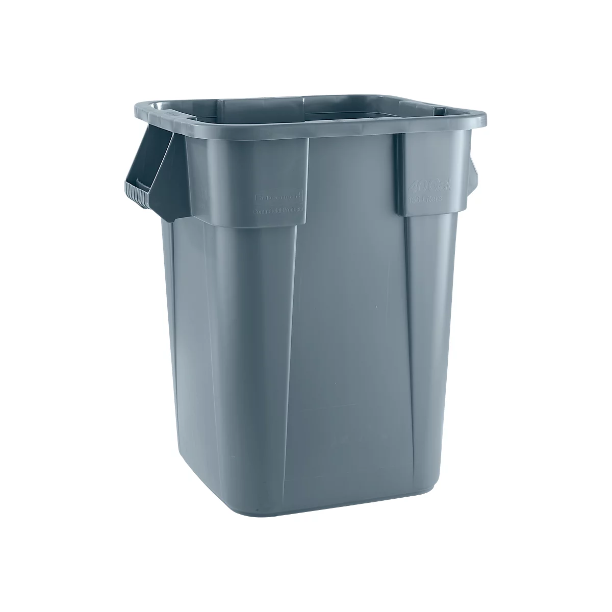 Grauer, rechteckiger Müllcontainer mit Griffen.