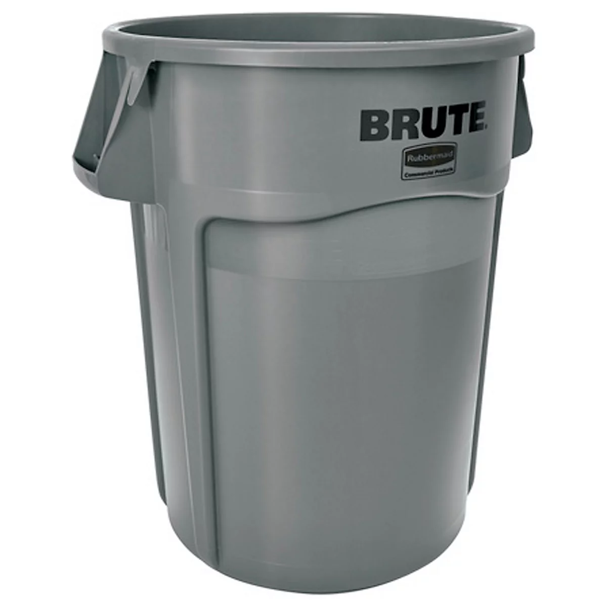 Grauer Müllbehälter mit Henkeln und dem Schriftzug BRUTE.
