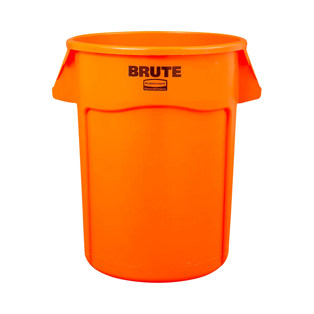 Ein orangefarbener Müllbehälter mit Griffen und dem Wort "BRUTE".