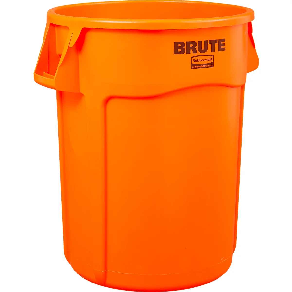 Ein orangefarbener Brute-Mülleimer mit Deckel und Henkeln. Auf der Vorderseite steht „BRUTE“.