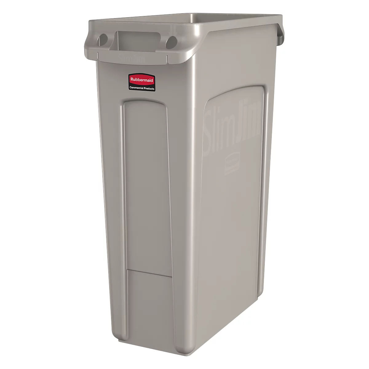 Graue Slim Jim Mülltonne von Rubbermaid, mit Griff und Logo.