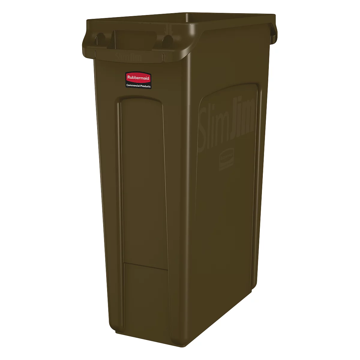 Brauner, rechteckiger Mülleimer mit seitlichen Griffen und dem Schriftzug „Slim Jim“. Label: Rubbermaid.
