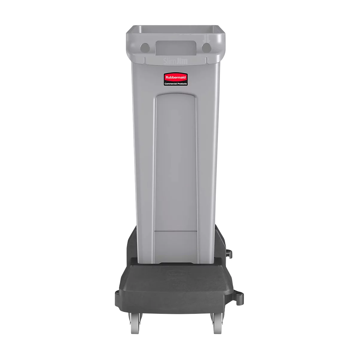 Graue Mülltonne auf Rollen, rotes Rubbermaid Logo. Rechteckige Form, oben offen.