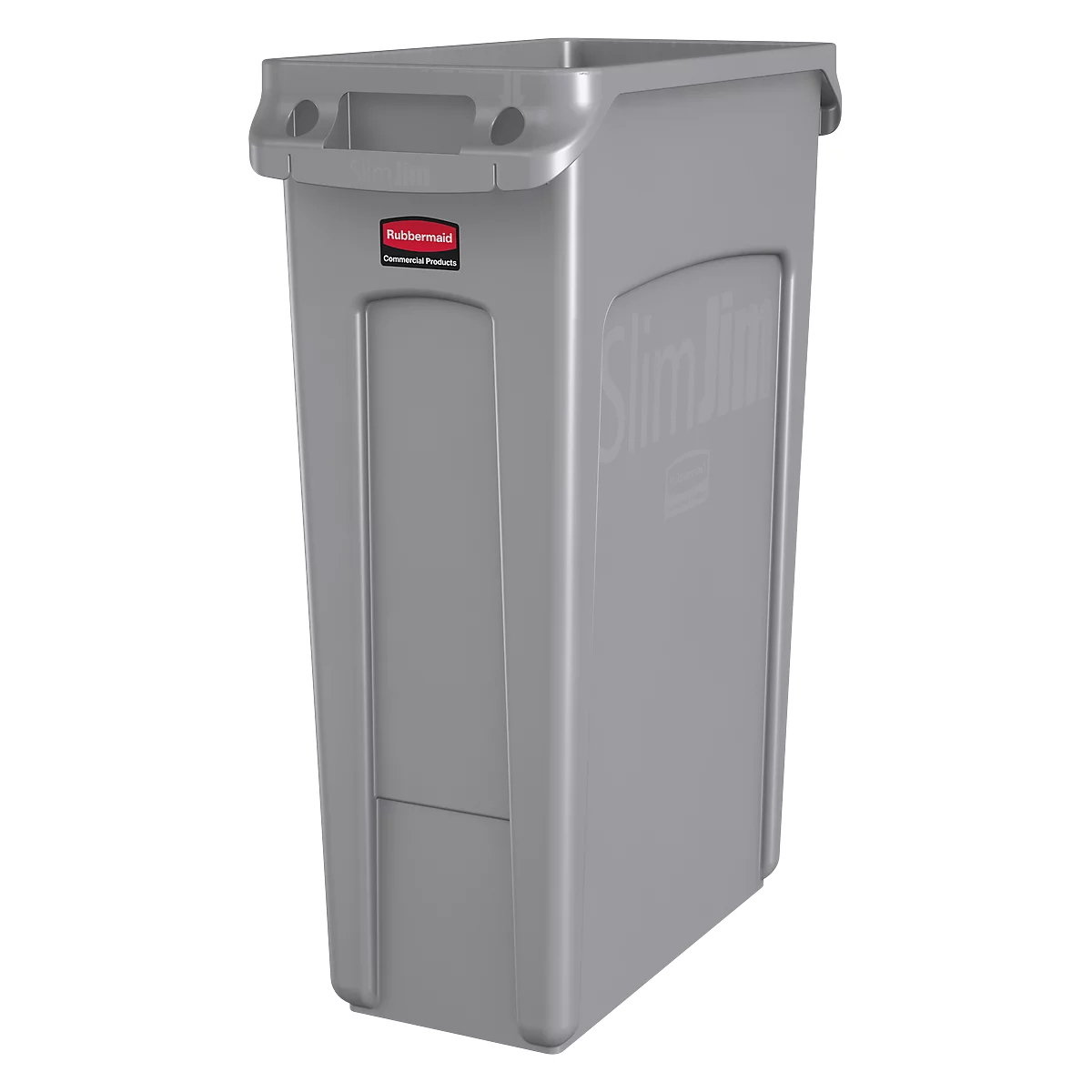 Grauer, rechteckiger Abfalleimer mit Griff. Das Logo Rubbermaid ist zu sehen, ebenso wie der Schriftzug "Slim Jim".