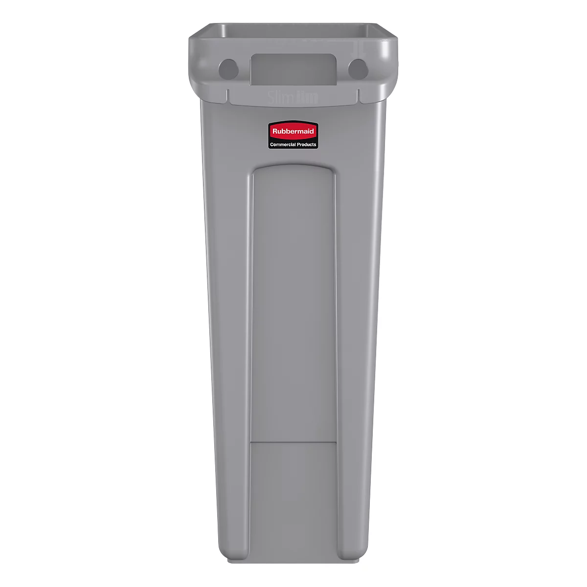 Graue, rechteckige Mülltonne. Oben zwei runde Löcher. Darunter ein rotes Rubbermaid-Logo.