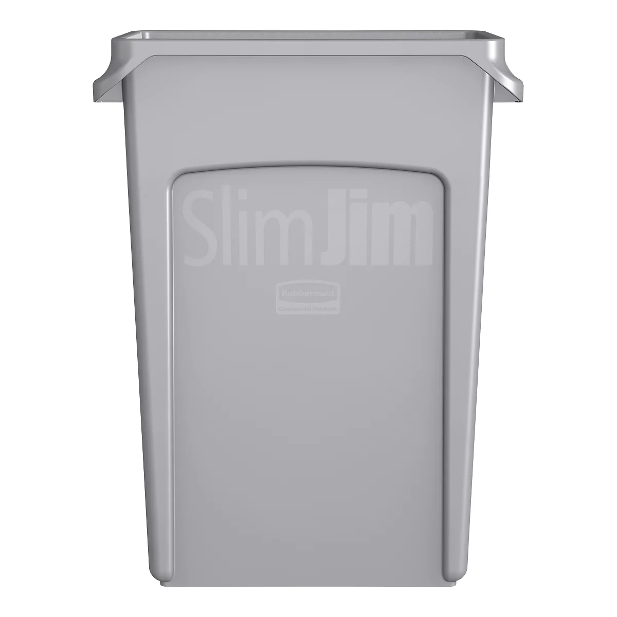 Grauer Mülleimer Slim Jim, Marke Rubbermaid, mit Logo.