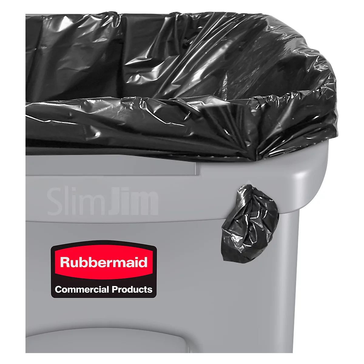 Grauer Mülleimer mit schwarzem Müllbeutel, Markenzeichen von Rubbermaid Commercial Products.