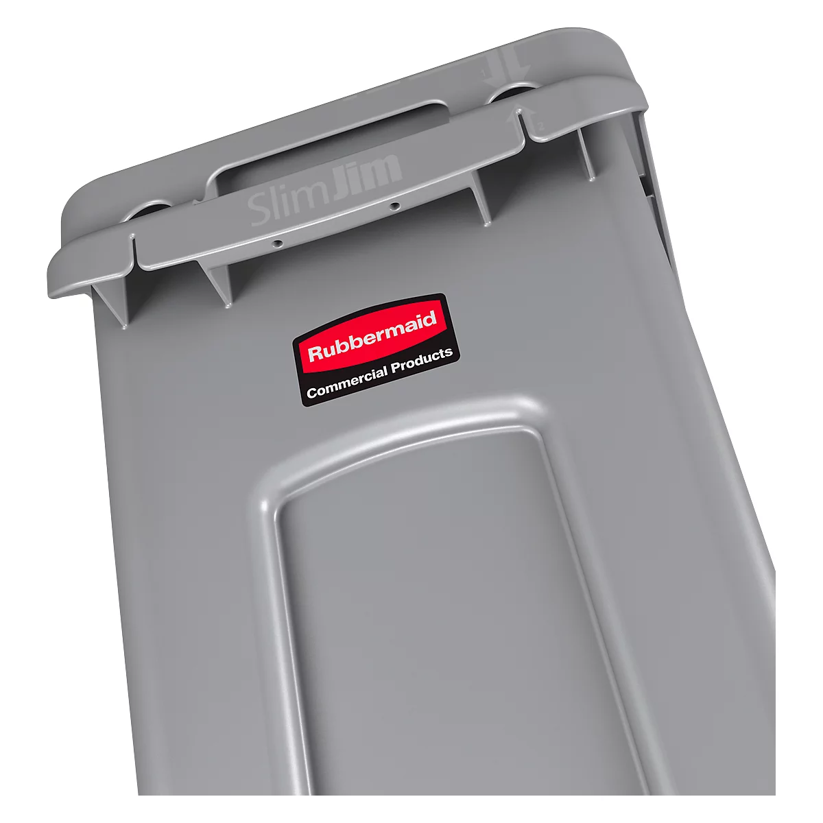 Grauer Slim Jim Abfalleimer, oben mit Griff und Logo. Rubbermaid-Logo auf der Vorderseite.