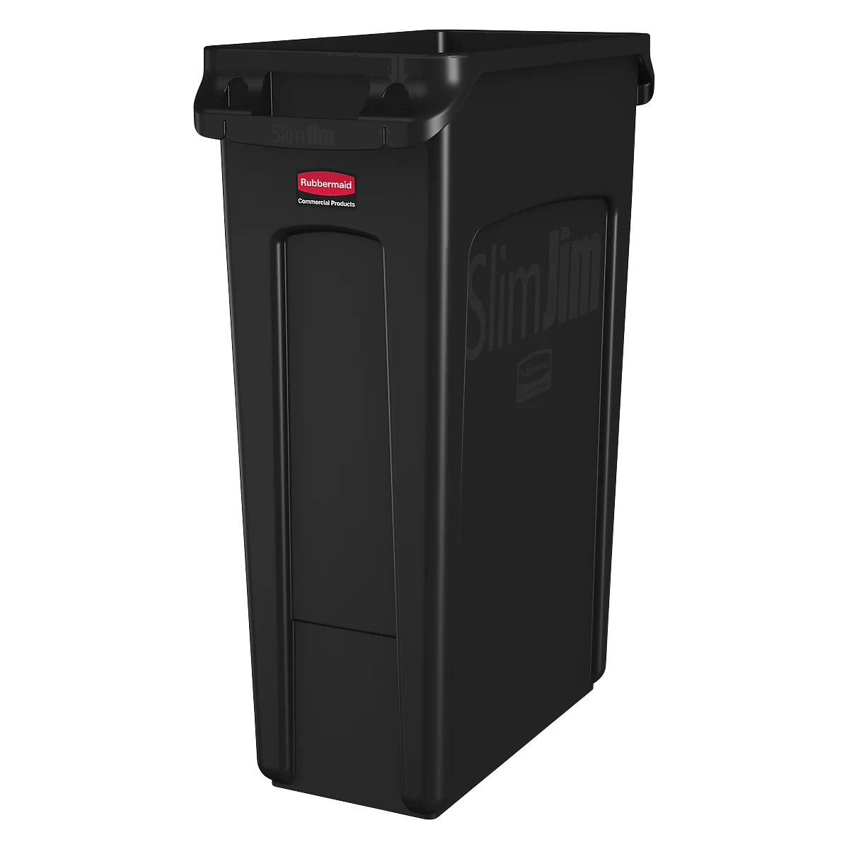 Schwarzer Abfalleimer mit Griffen. Aufschrift Slim Jim. Rotes Rubbermaid Logo.