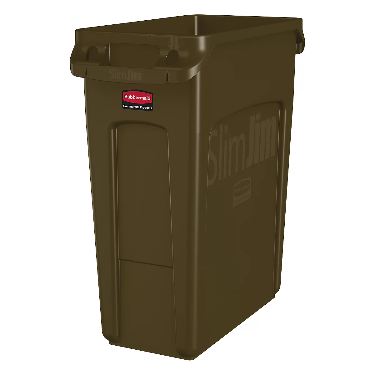 Ein olivgrüner Mülleimer mit dem Aufdruck "Slim Jim" und dem Rubbermaid-Logo.