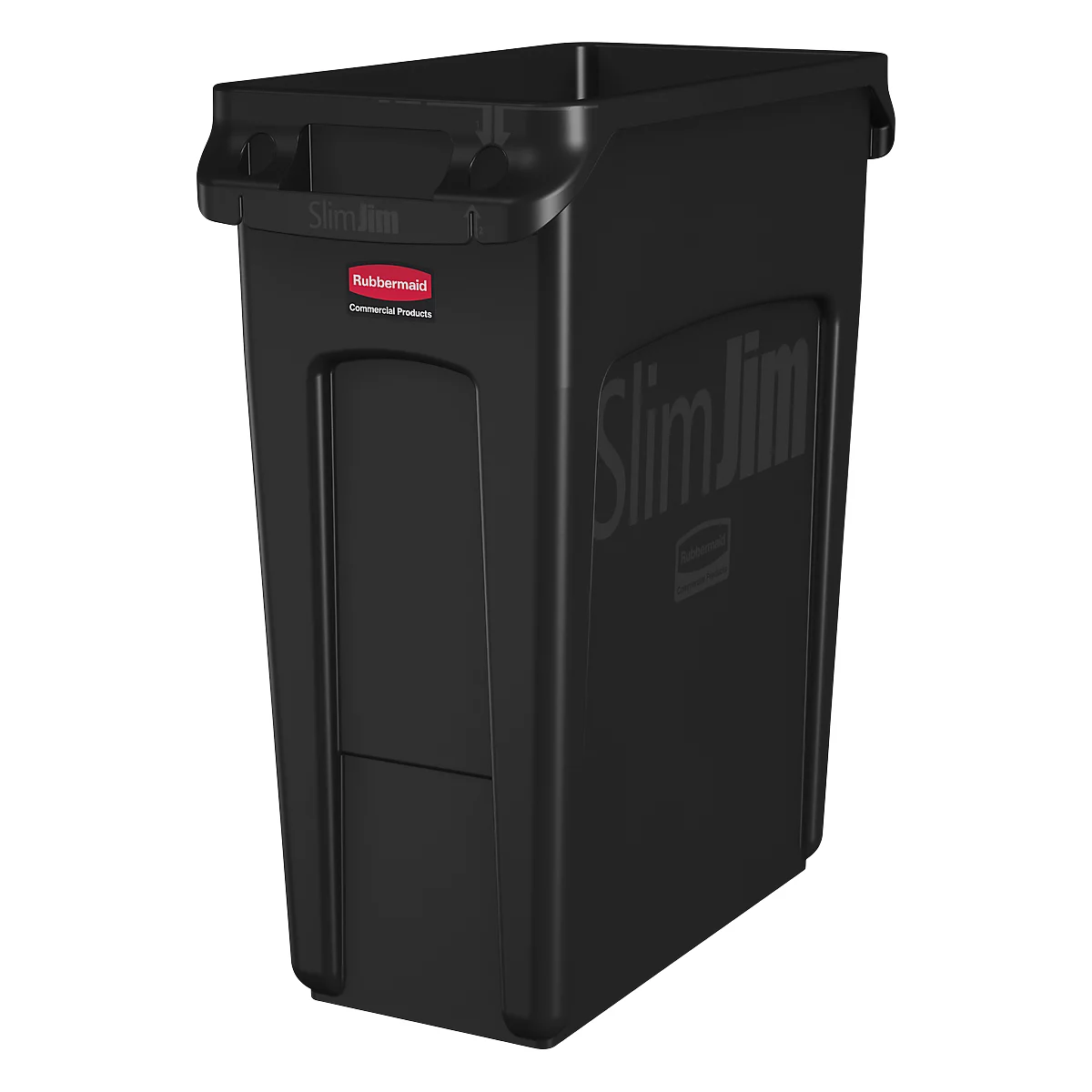 Schwarzer Slim Jim Abfalleimer. Mit Griffen, Logo und Schriftzug Slim Jim.